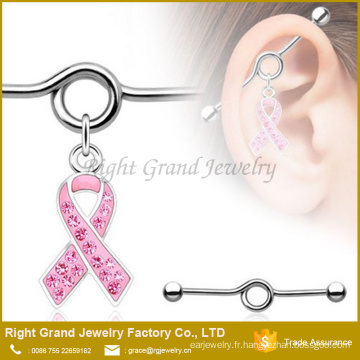 Bijou en acier chirurgical ouvert ruban rose charme Dangle Barbell industriel